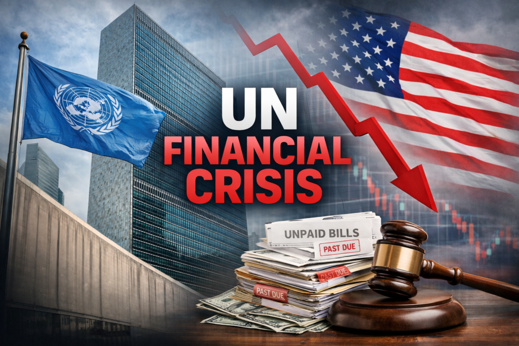 United Nations headquarters representing UN financial crisis due to unpaid member state contributions