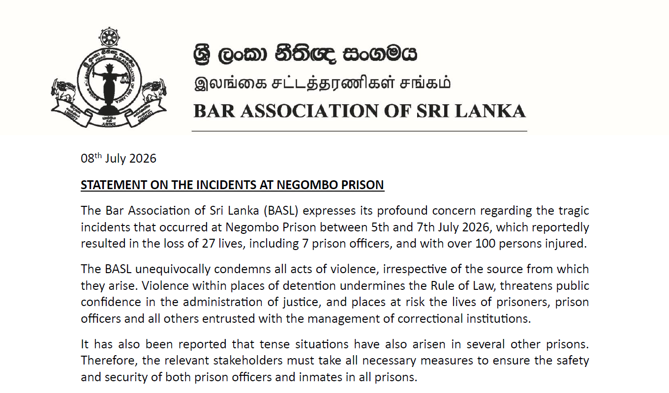 BASL Calls for Independent Investigation and Comprehensive Prison Reforms Following Negombo Prison Violence